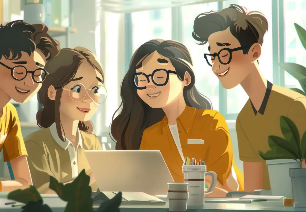 Ilustración en 3D de compañeros de oficina trabajando en buen ambiente. 10 ejemplos de comunicación asertiva