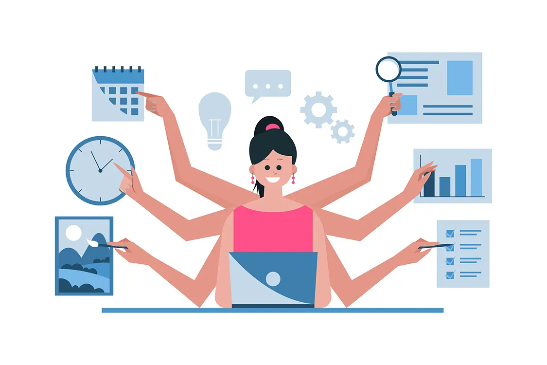 Ilustracion de mujer multitarea con 6 brazos